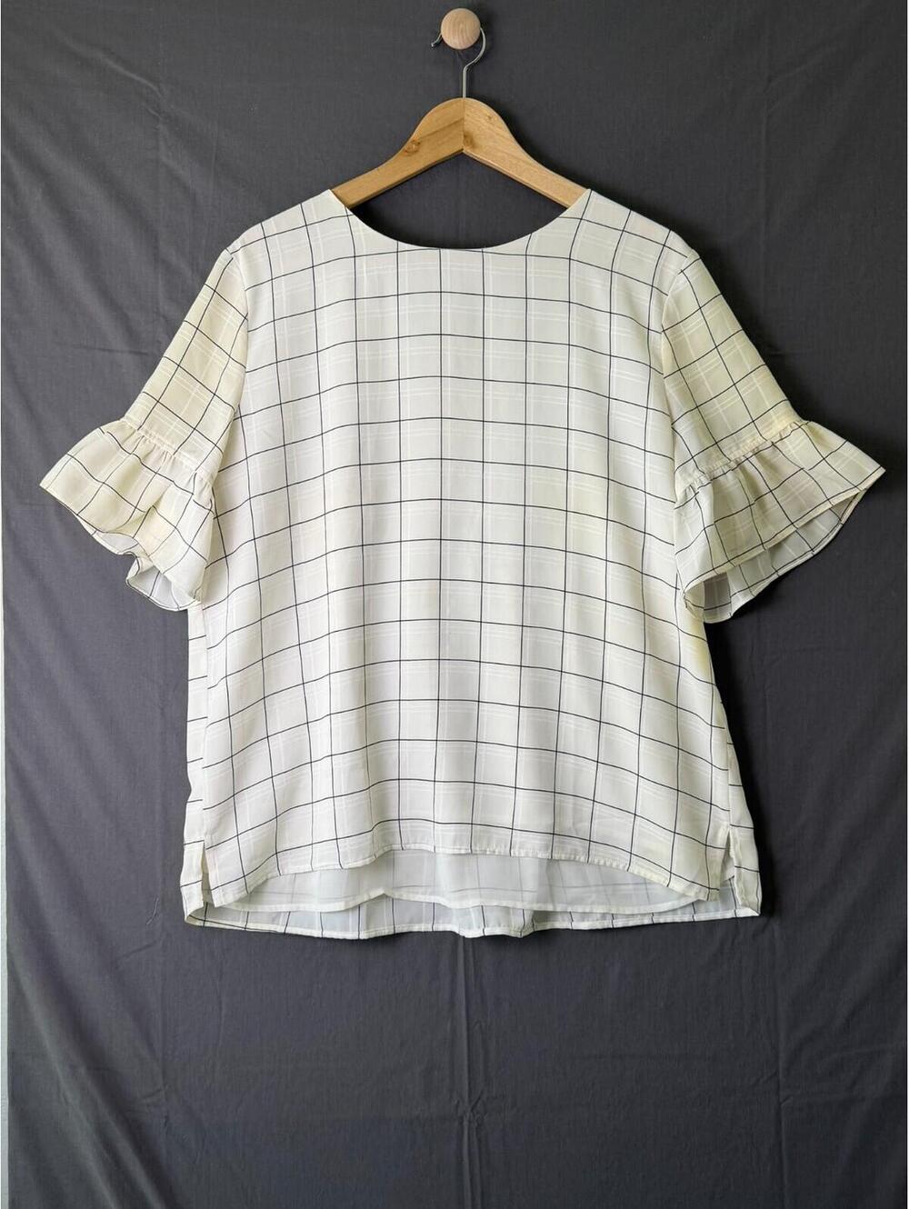 LOFT Shirt Large Mens Cream Black Plaid Checked Ruffle Bell Sleeve Blouse Top L